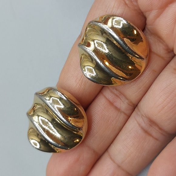 Vintage Bumpy Ridges Gold Tone with a Hint of Silver Tone Clip On Earrings - Picture 2 of 6